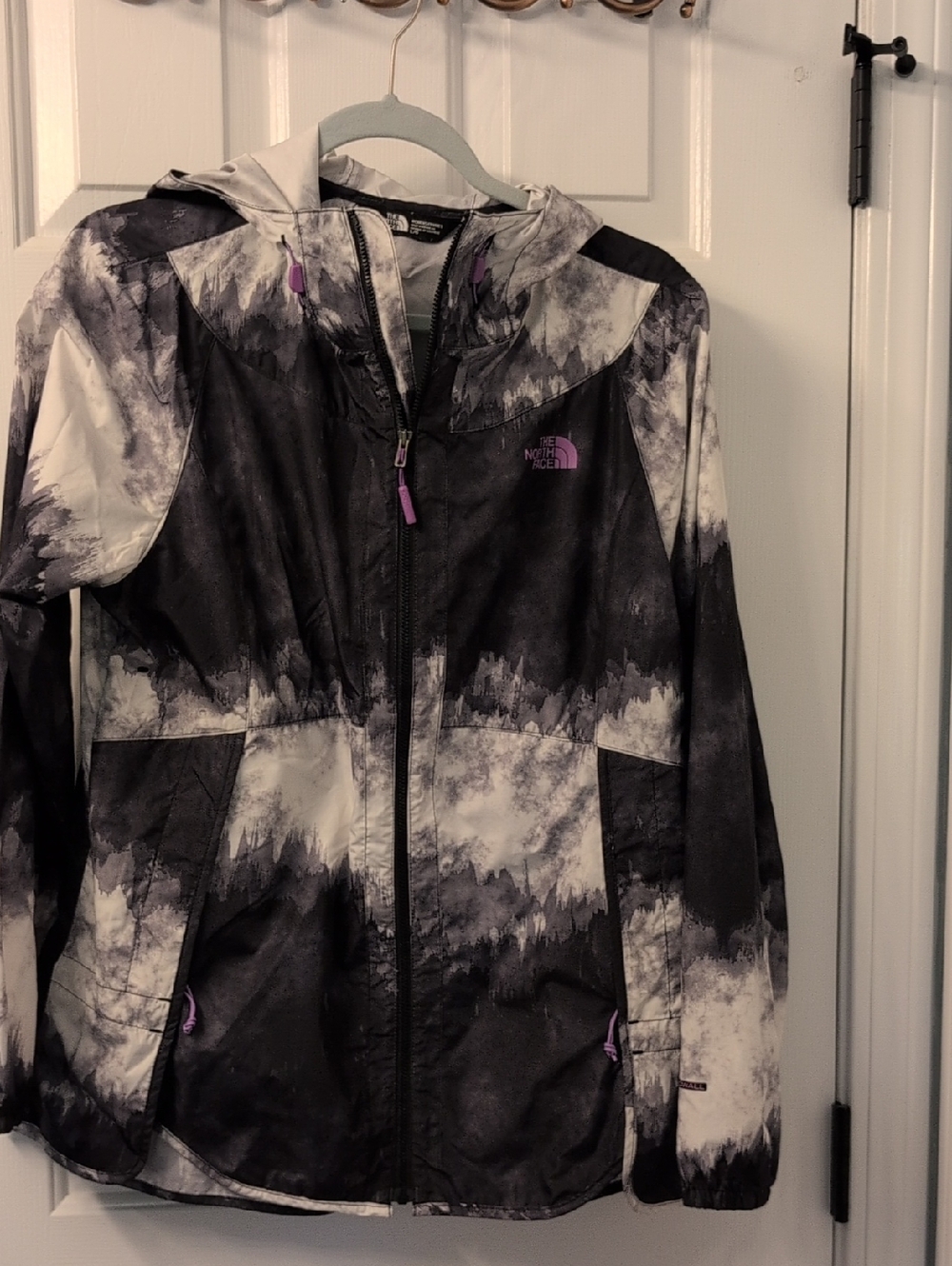 The North Face Women's Black & White Hooded Ski Jacket with Purple Accents
